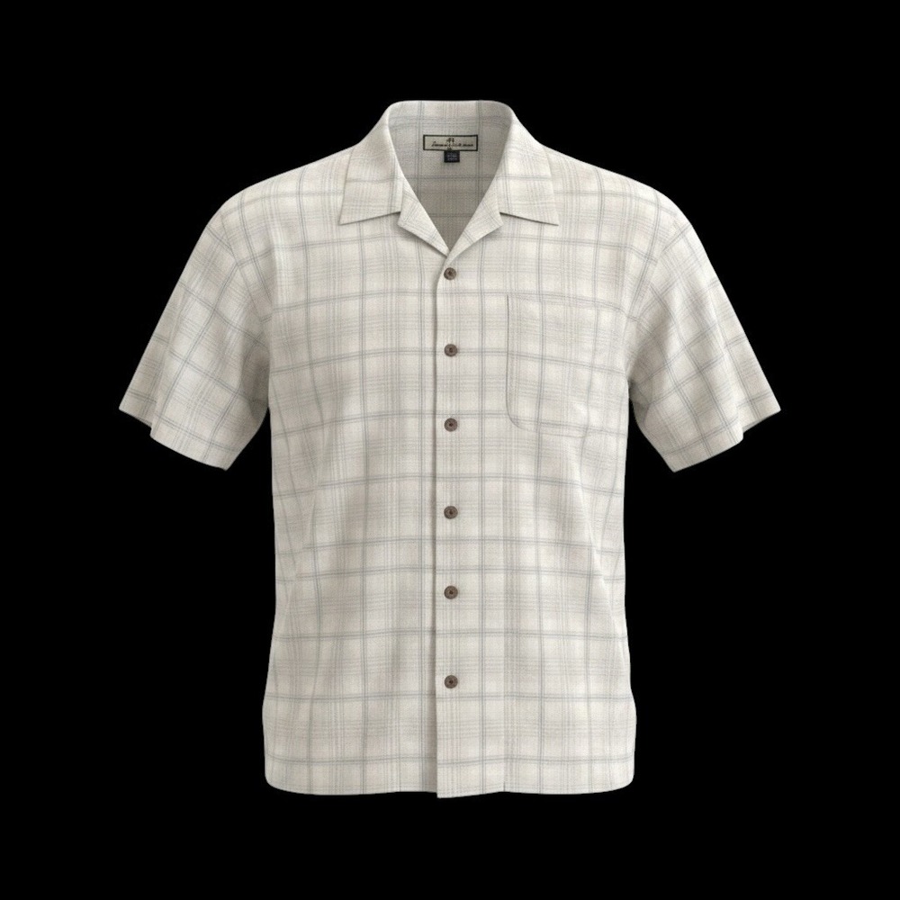 Tommy Bahama Silk Short Sleeve Button Up‎ Shirt Mens XL Plaid Beige Blue